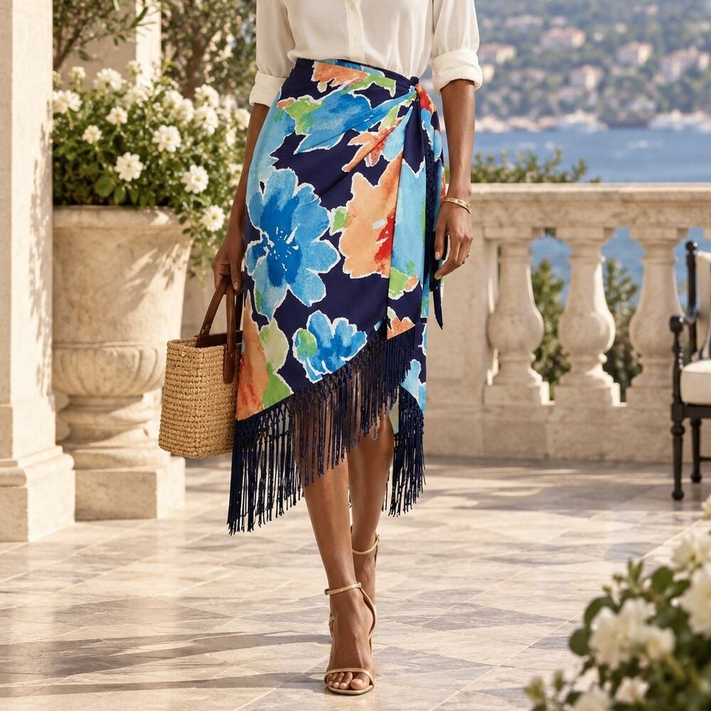 Lauren Ralph Lauren Floral Fringe Faux-Wrap Skirt Plus 14W or 18W NWT